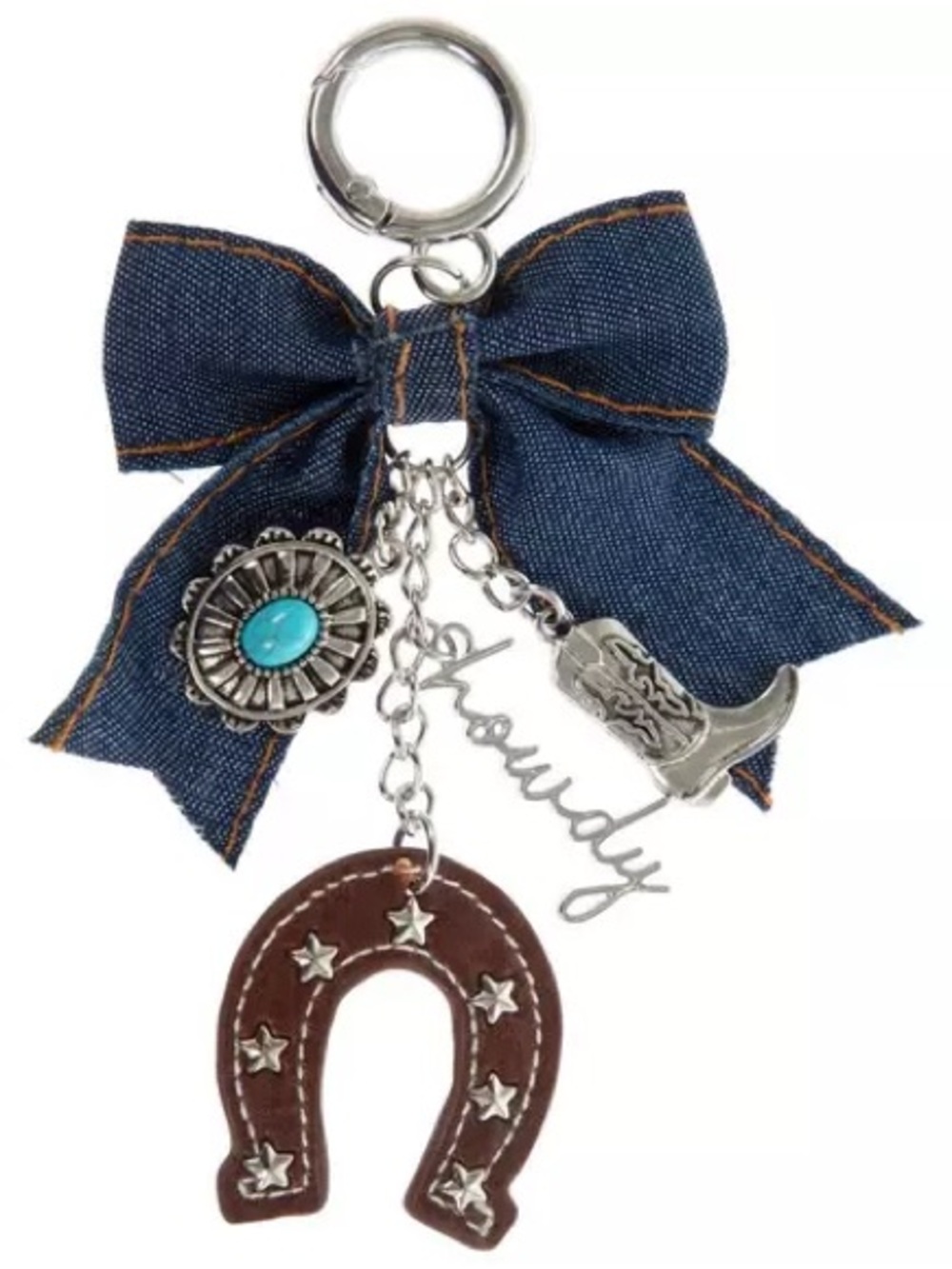 New Denim Bow Western Charm Keychain with Horseshoe and 'Howdy'Bag Charm
